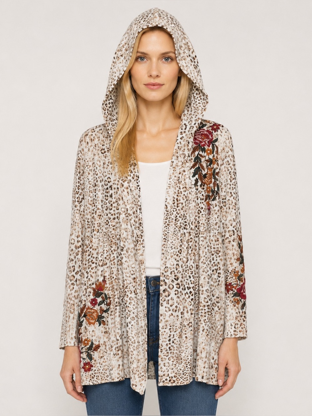 CAITE Athleta Open Front Floral Embroidered Leopard Cardigan Hooded Sweater Sz S
